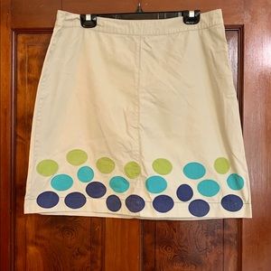 Boden Cream A-Line Skirt with Navy, Teal, and Lime Dot Trim
